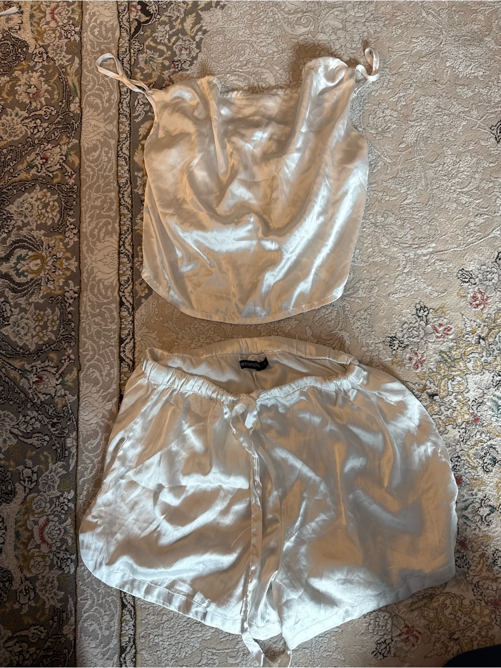 PrettyLittleThing Ivory Satin Cami & Shorts Set